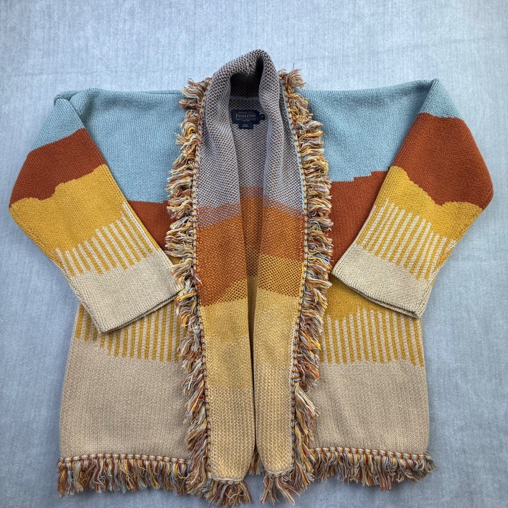 Pendleton Desert Landscape Fringe Cardigan Sweater TC684 Blue Terracotta Small